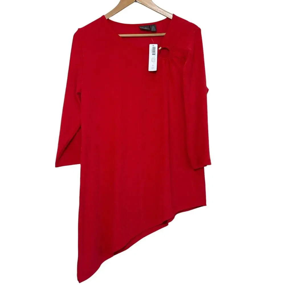 NWT Chico's Size 1 (US M) Red Sierra Asymmetric 3/4 Sleeve Stretch Ring Blouse